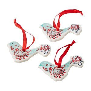 Pioneer Woman Mazie Bird Christmas Ornament 3Pcs Floral Ceramic Blue Red New